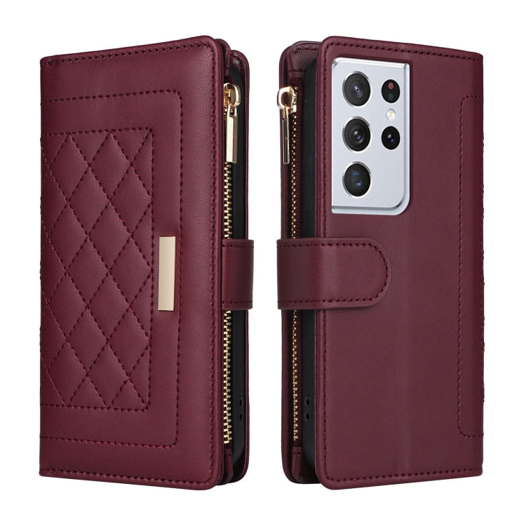 For Samsung Galaxy S21 Ultra 5G Crossbody Zipper Wallet Rhombus Leather Phone Case