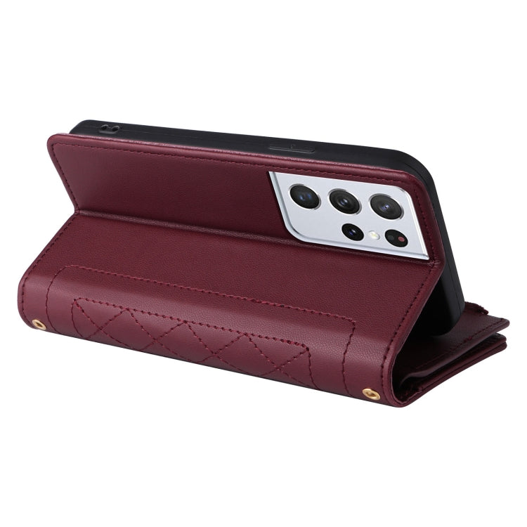 For Samsung Galaxy S21 Ultra 5G Crossbody Zipper Wallet Rhombus Leather Phone Case