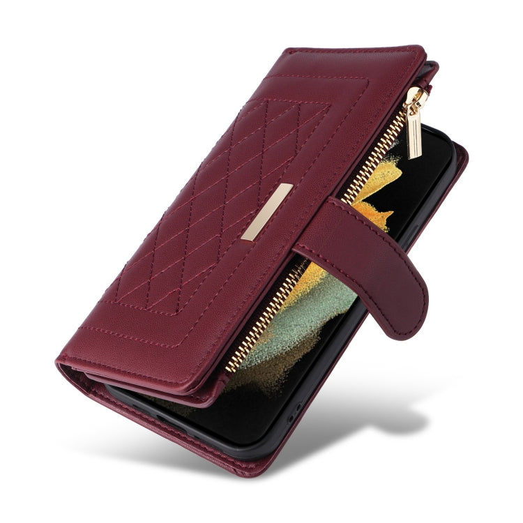 For Samsung Galaxy S21 Ultra 5G Crossbody Zipper Wallet Rhombus Leather Phone Case
