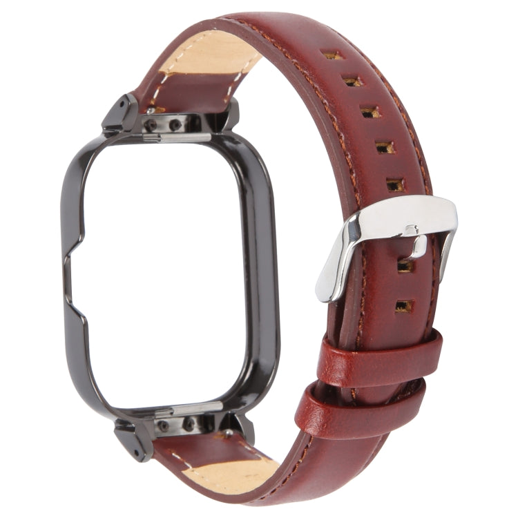 For Redmi Watch 4 Metal Black Frame Genuine Leather Watch Band