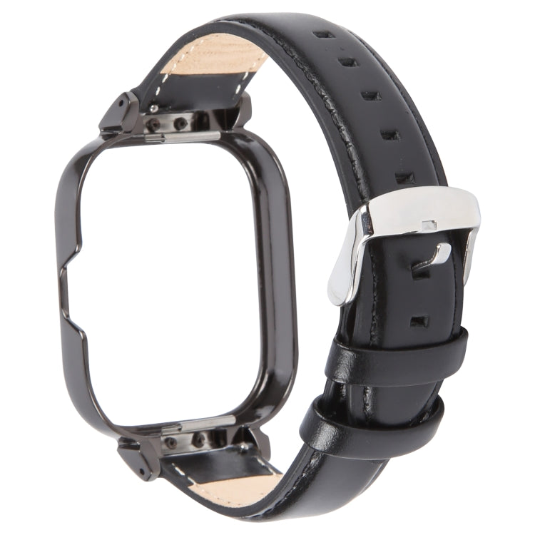 For Redmi Watch 4 Metal Black Frame Genuine Leather Watch Band
