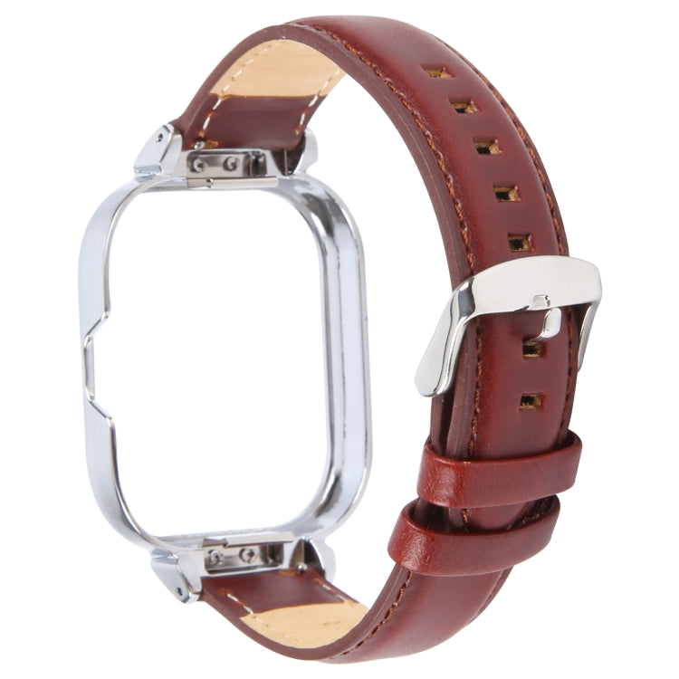 For Redmi Watch 4 Metal Silver Frame Genuine Leather Watch Band