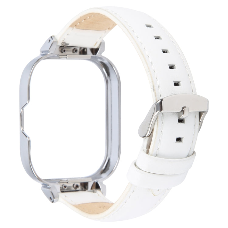 For Redmi Watch 4 Metal Silver Frame Genuine Leather Watch Band