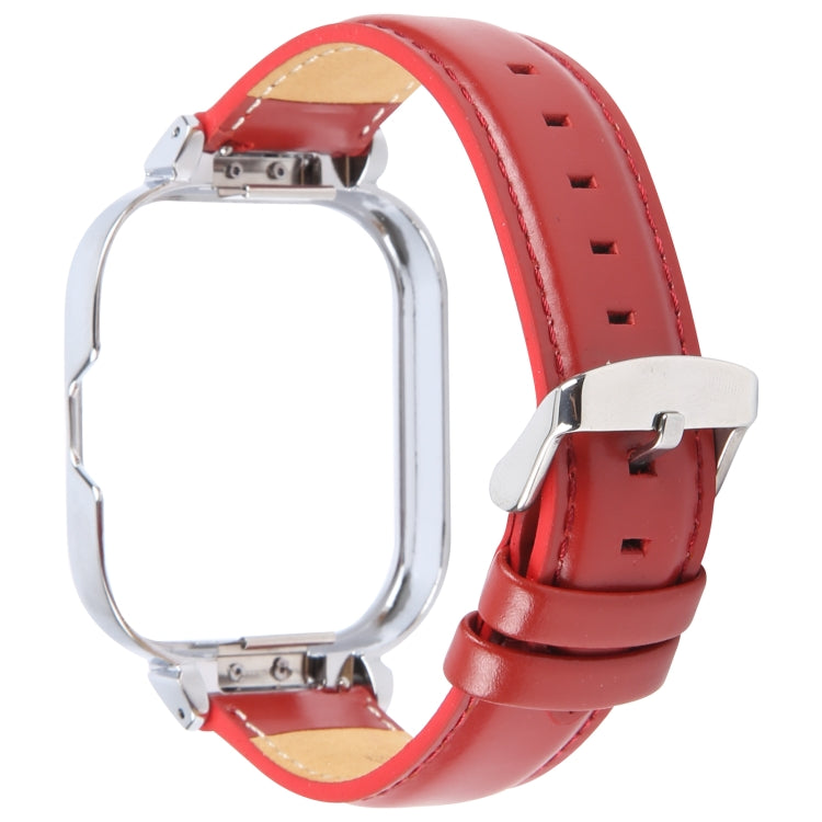 For Redmi Watch 4 Metal Silver Frame Genuine Leather Watch Band