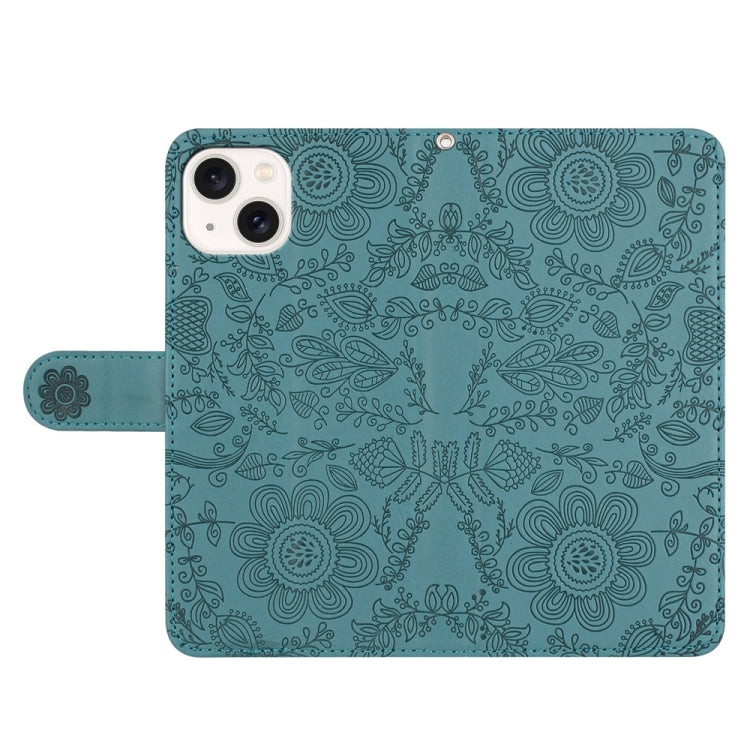 For iPhone 15 Plus Floral Embossed Pattern Leather Phone Case
