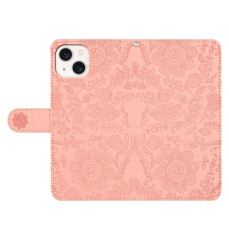 For iPhone 15 Floral Embossed Pattern Leather Phone Case