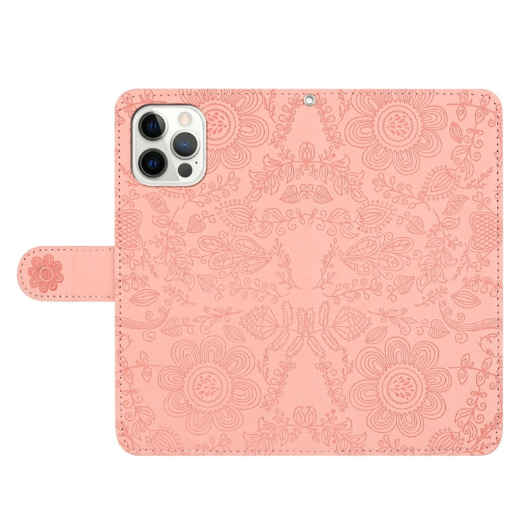 For iPhone 12 / 12 Pro Floral Embossed Pattern Leather Phone Case