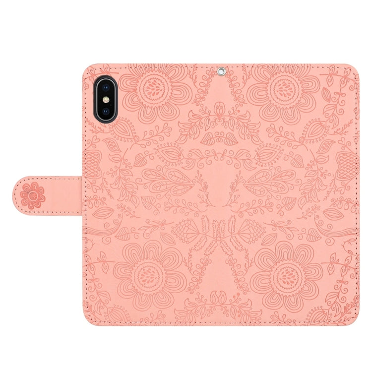 For iPhone X / XS Floral Embossed Pattern Leather Phone Case