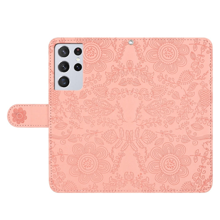 For Samsung Galaxy S21 Ultra 5G Floral Embossed Pattern Leather Phone Case