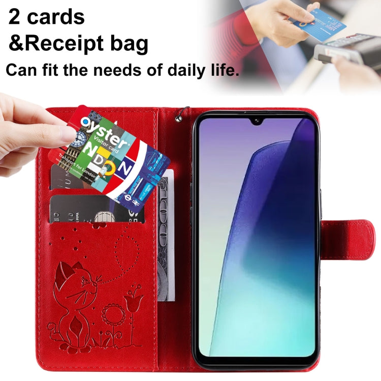 For Redmi 14C 4G Global Cat and Bee Embossed Flip Leather Phone Case