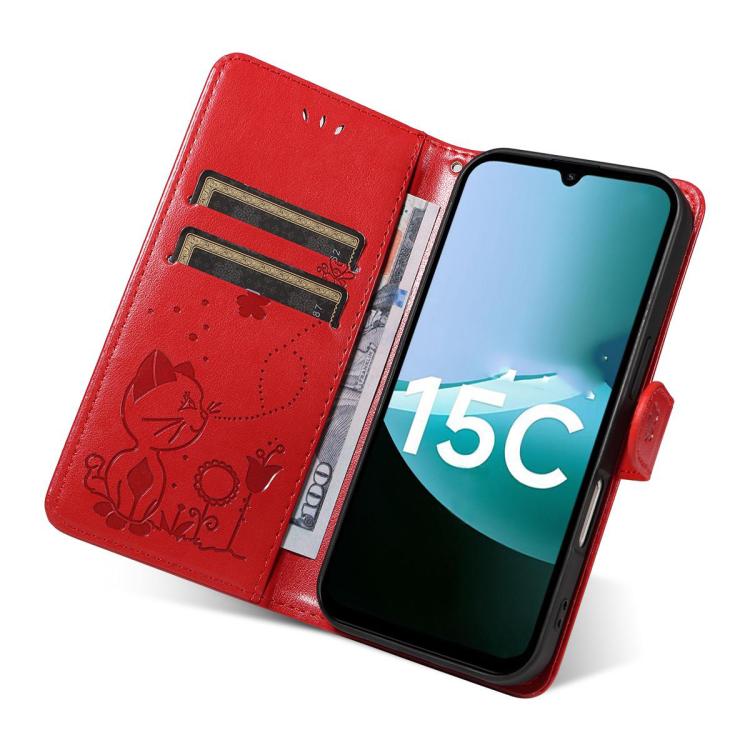 For Redmi 15C 5G / 4G EU 173mm Cat and Bee Embossed Flip Leather Phone Case