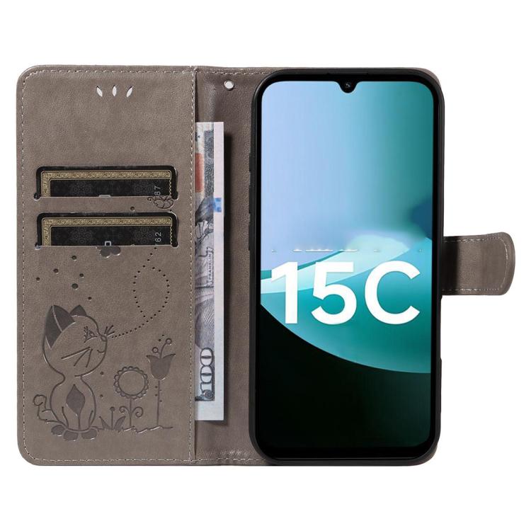 For Redmi 15C 5G / 4G EU 173mm Cat and Bee Embossed Flip Leather Phone Case
