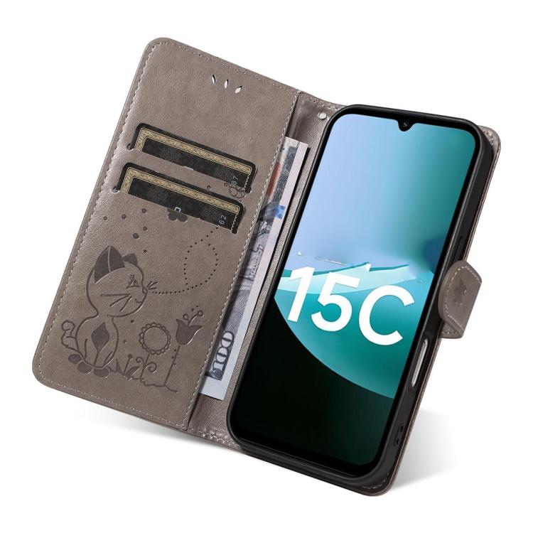 For Redmi 15C 5G / 4G EU 173mm Cat and Bee Embossed Flip Leather Phone Case