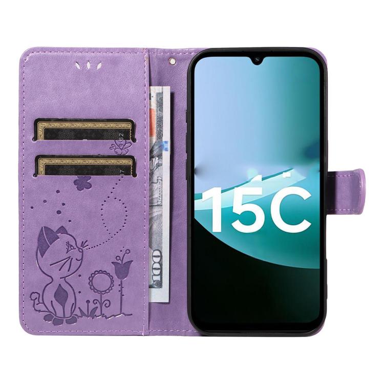 For Redmi 15C 5G / 4G EU 173mm Cat and Bee Embossed Flip Leather Phone Case
