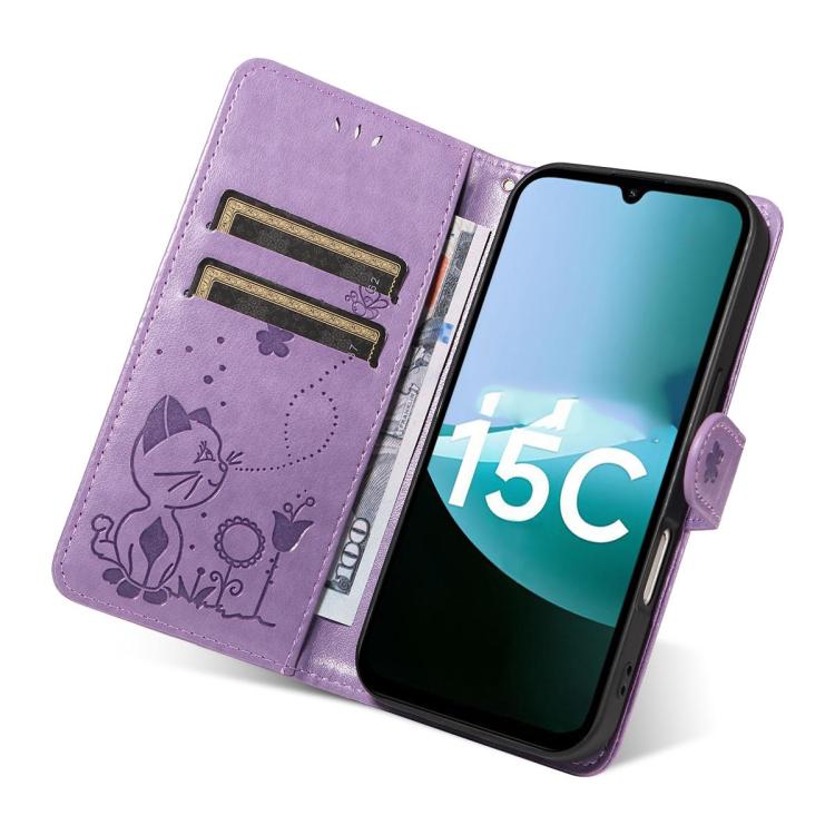 For Redmi 15C 5G / 4G EU 173mm Cat and Bee Embossed Flip Leather Phone Case