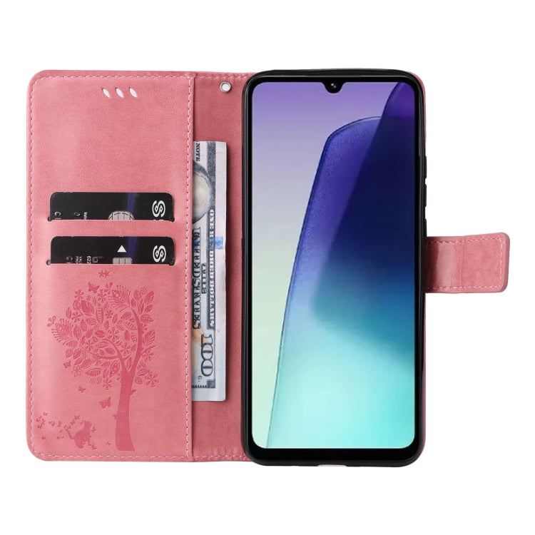 For Redmi 14C 4G Global Tree & Cat Embossed Pattern Flip Leather Phone Case
