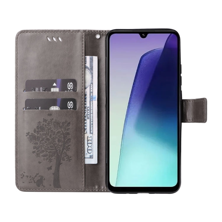 For Redmi 14C 4G Global Tree & Cat Embossed Pattern Flip Leather Phone Case
