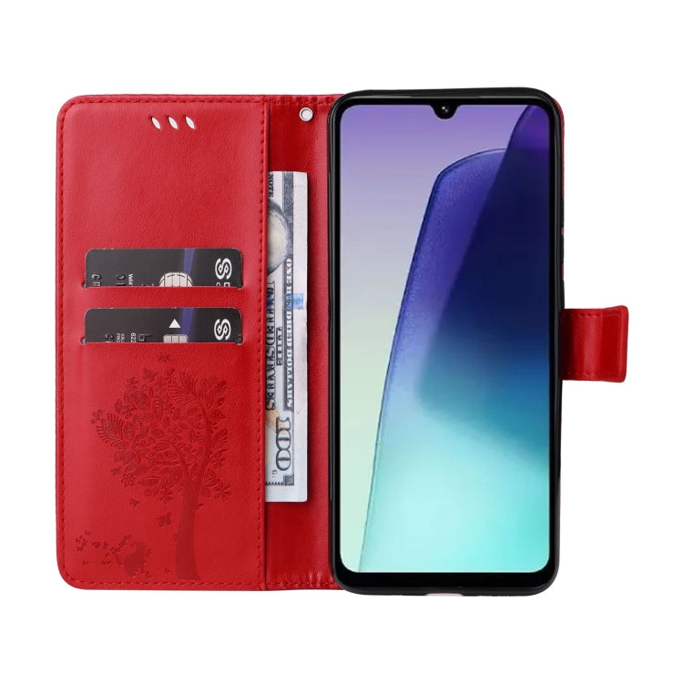 For Redmi 14C 4G Global Tree & Cat Embossed Pattern Flip Leather Phone Case