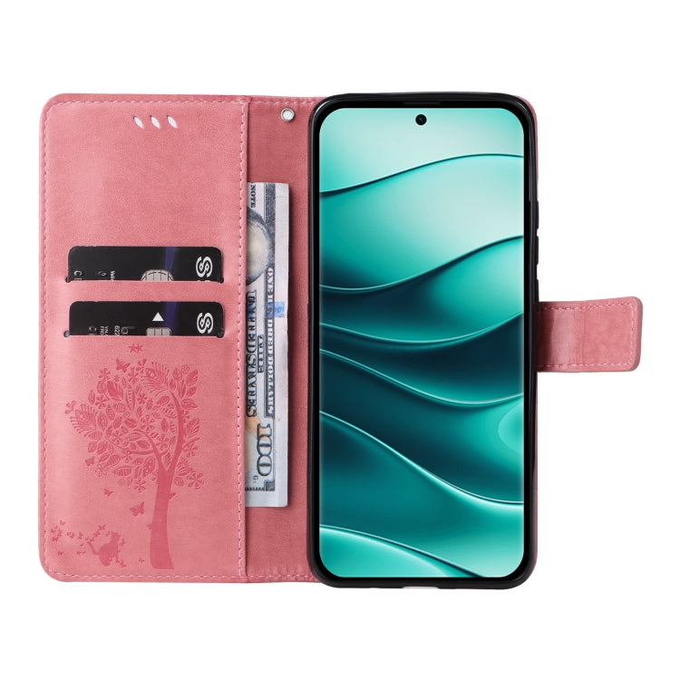 For Redmi Note 14 5G Tree & Cat Embossed Pattern Flip Leather Phone Case