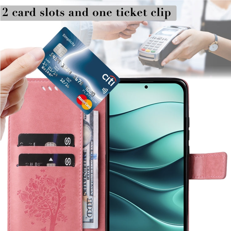For Redmi Note 14 5G Tree & Cat Embossed Pattern Flip Leather Phone Case