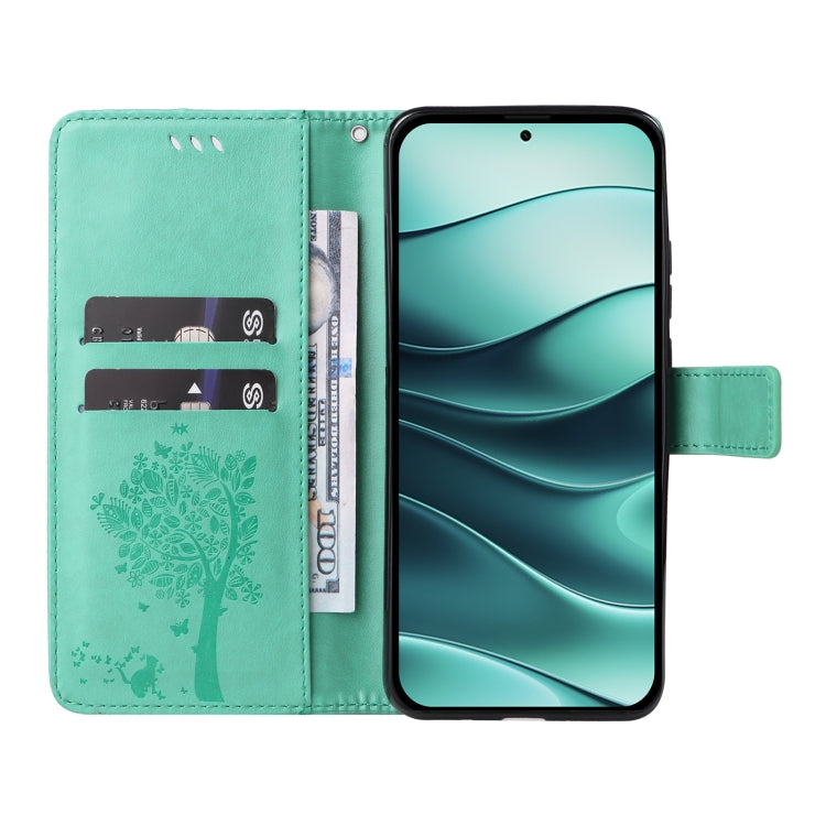 For Redmi Note 14 5G Tree & Cat Embossed Pattern Flip Leather Phone Case