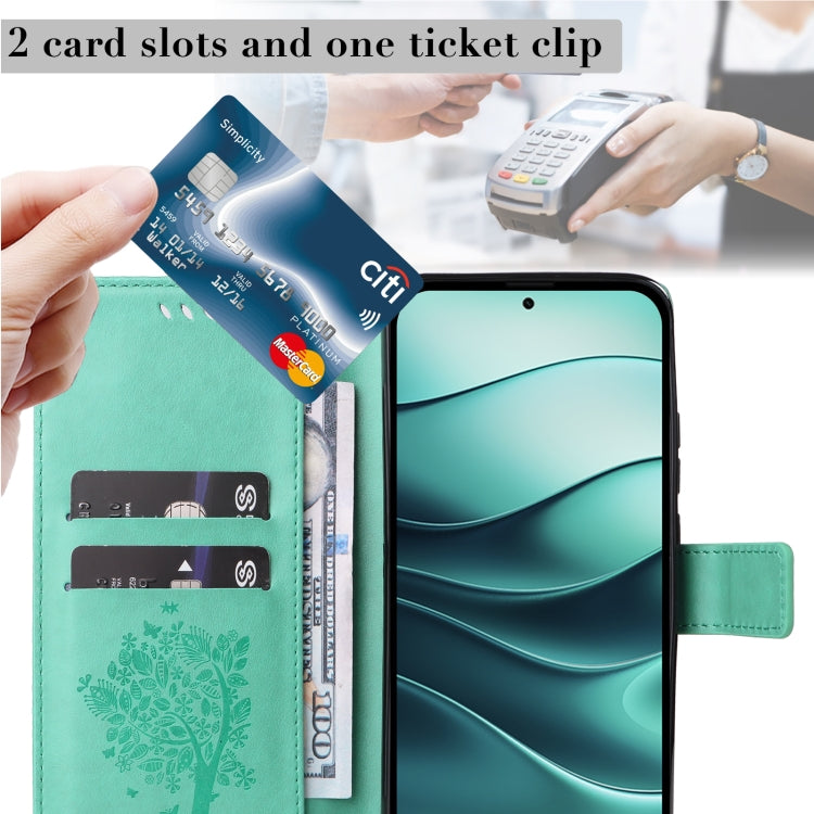 For Redmi Note 14 5G Tree & Cat Embossed Pattern Flip Leather Phone Case