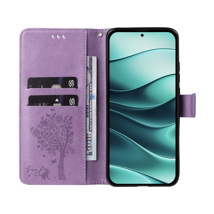 For Redmi Note 14 5G Tree & Cat Embossed Pattern Flip Leather Phone Case