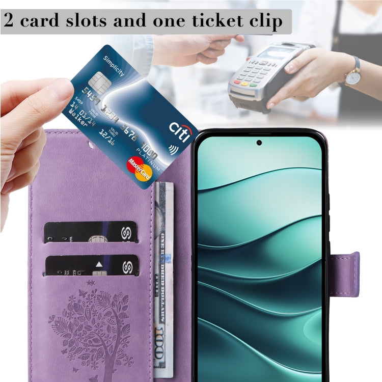 For Redmi Note 14 5G Tree & Cat Embossed Pattern Flip Leather Phone Case