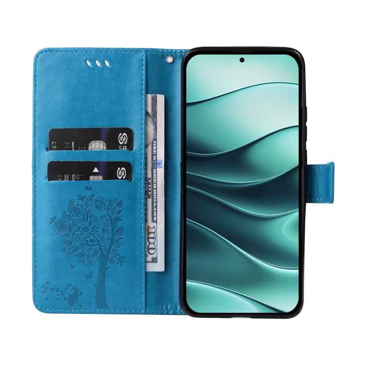 For Redmi Note 14 5G Tree & Cat Embossed Pattern Flip Leather Phone Case