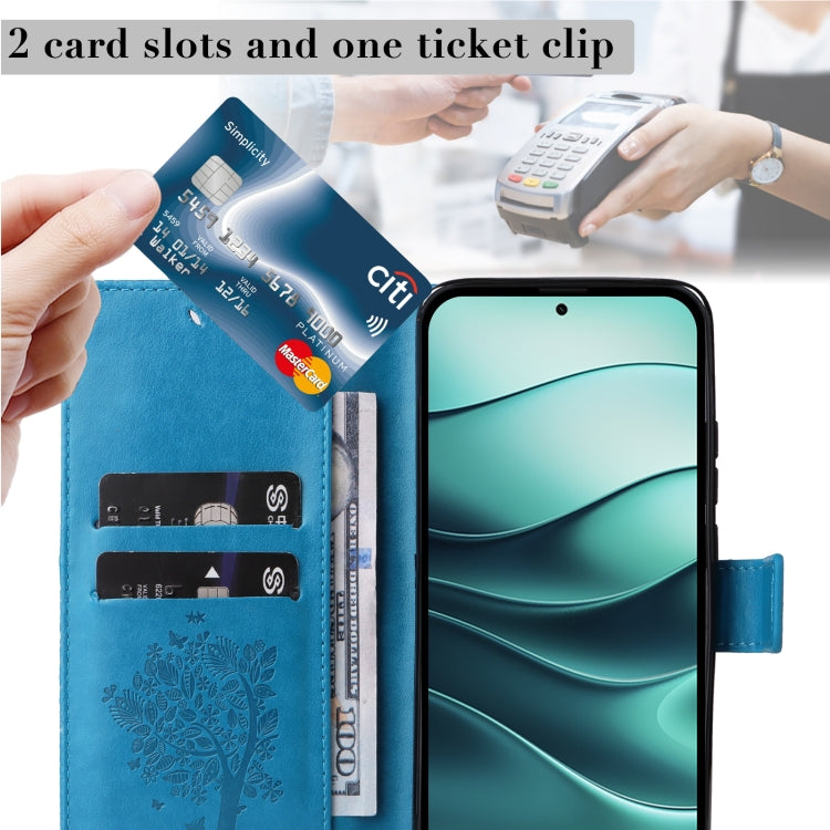 For Redmi Note 14 5G Tree & Cat Embossed Pattern Flip Leather Phone Case