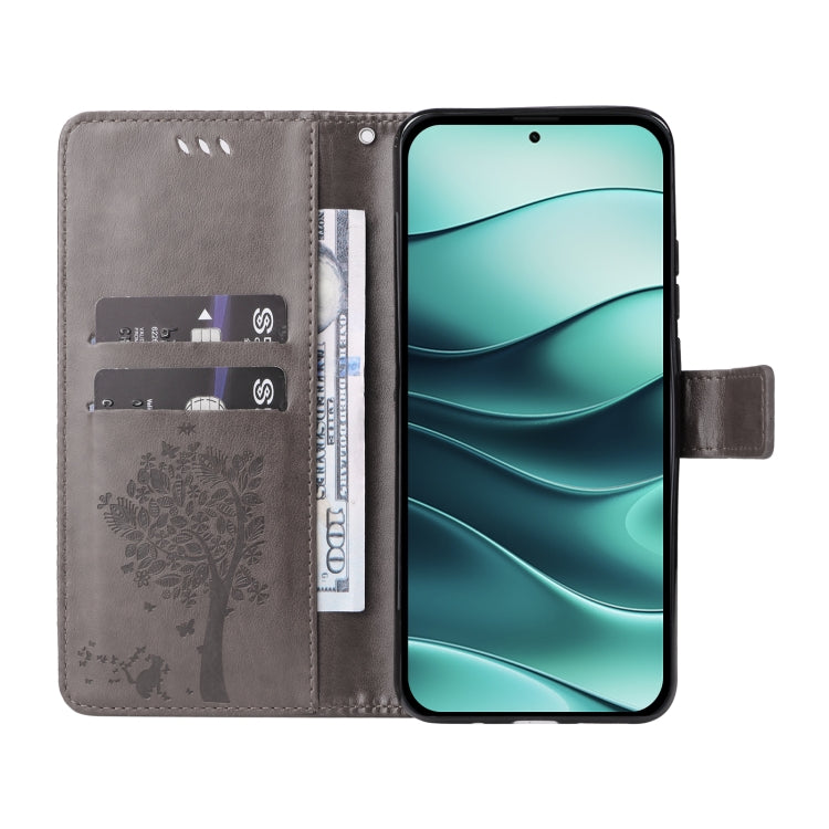 For Redmi Note 14 5G Tree & Cat Embossed Pattern Flip Leather Phone Case