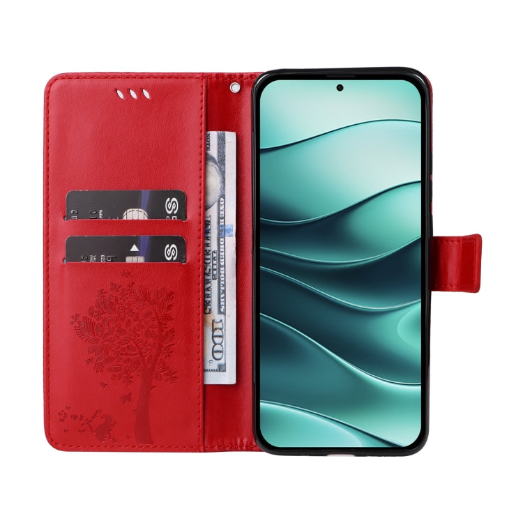 For Redmi Note 14 5G Tree & Cat Embossed Pattern Flip Leather Phone Case