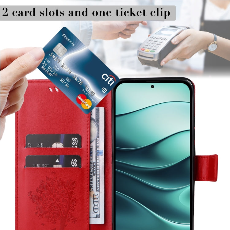 For Redmi Note 14 5G Tree & Cat Embossed Pattern Flip Leather Phone Case