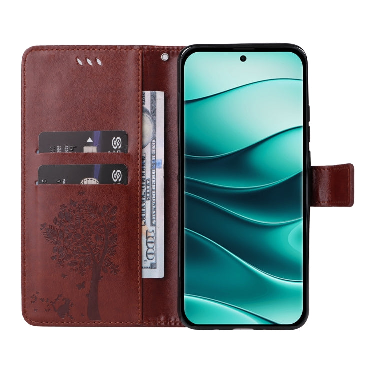 For Redmi Note 14 5G Tree & Cat Embossed Pattern Flip Leather Phone Case