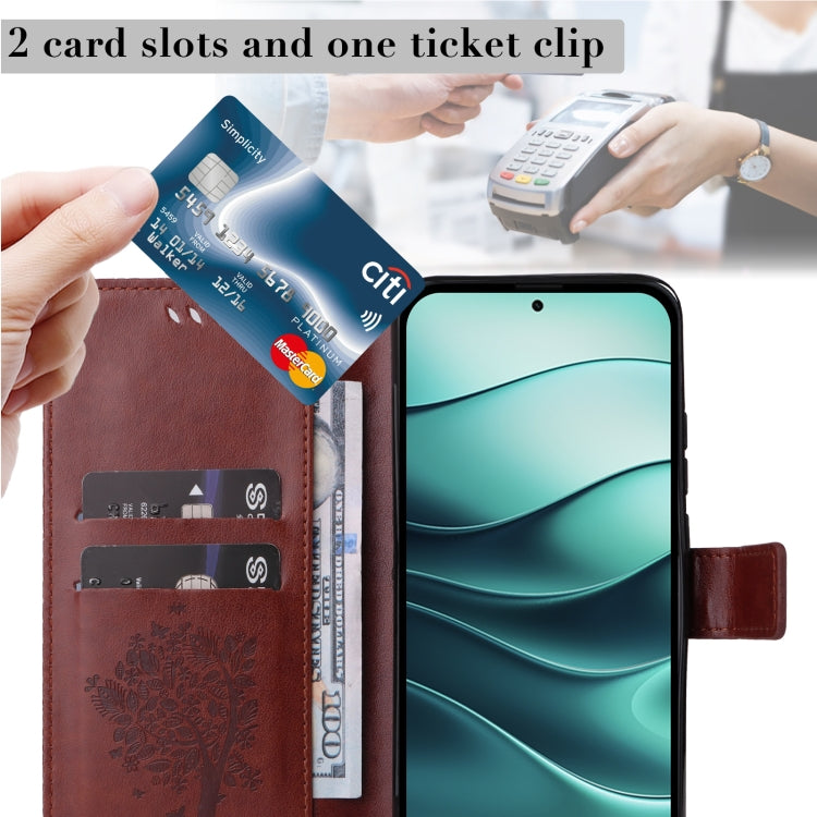 For Redmi Note 14 5G Tree & Cat Embossed Pattern Flip Leather Phone Case