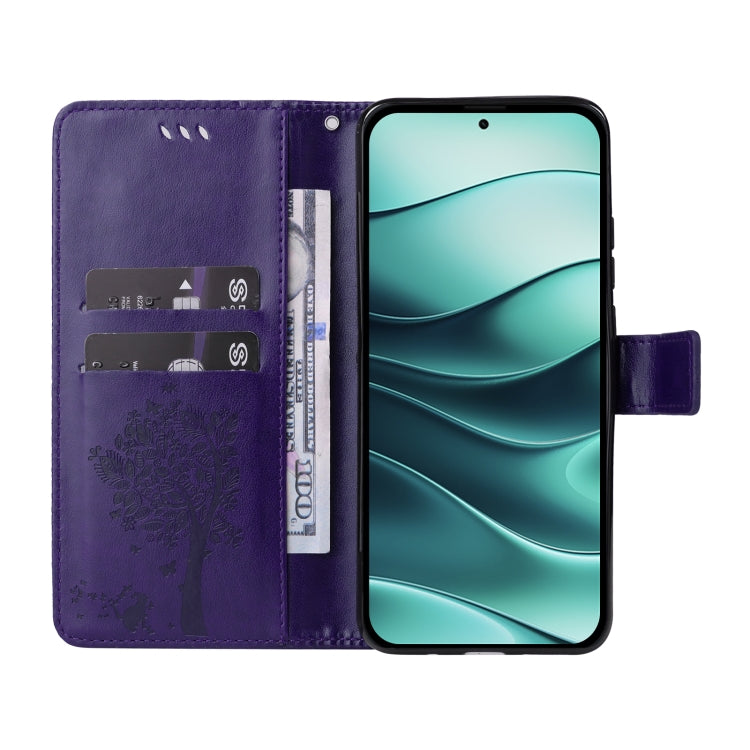 For Redmi Note 14 5G Tree & Cat Embossed Pattern Flip Leather Phone Case