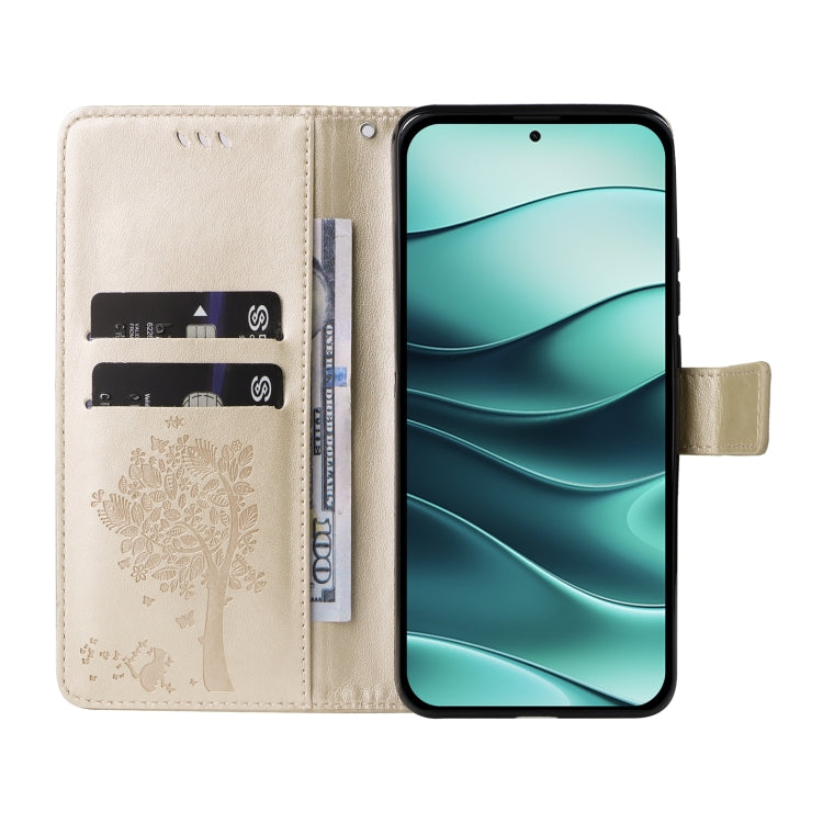 For Redmi Note 14 5G Tree & Cat Embossed Pattern Flip Leather Phone Case