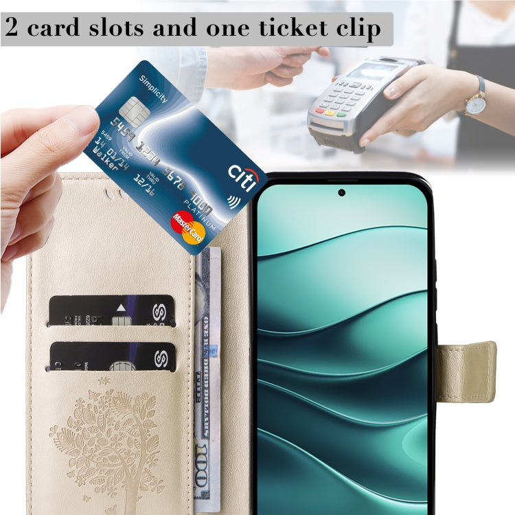 For Redmi Note 14 5G Tree & Cat Embossed Pattern Flip Leather Phone Case