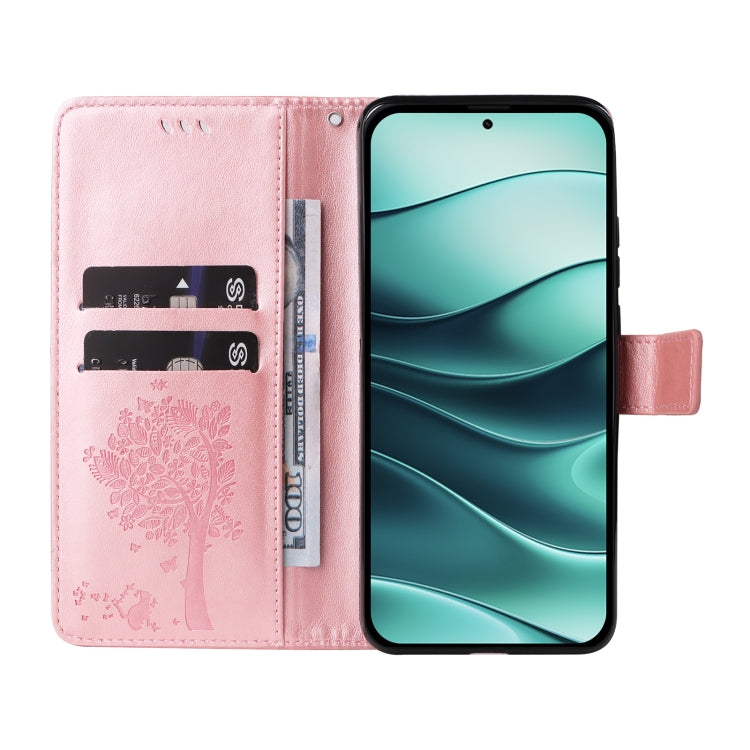 For Redmi Note 14 5G Tree & Cat Embossed Pattern Flip Leather Phone Case
