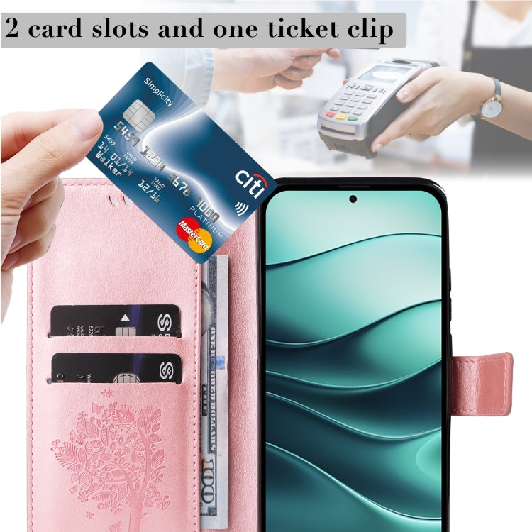 For Redmi Note 14 5G Tree & Cat Embossed Pattern Flip Leather Phone Case