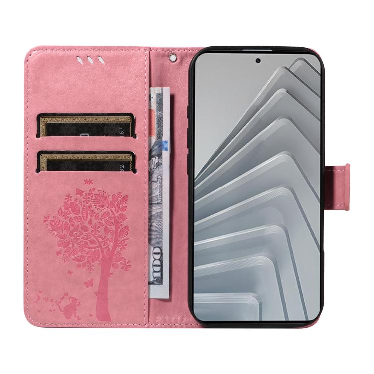 For Redmi Note 14 4G Global 163.25mm Tree & Cat Embossed Pattern Flip Leather Phone Case