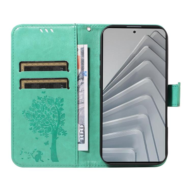 For Redmi Note 14 4G Global 163.25mm Tree & Cat Embossed Pattern Flip Leather Phone Case
