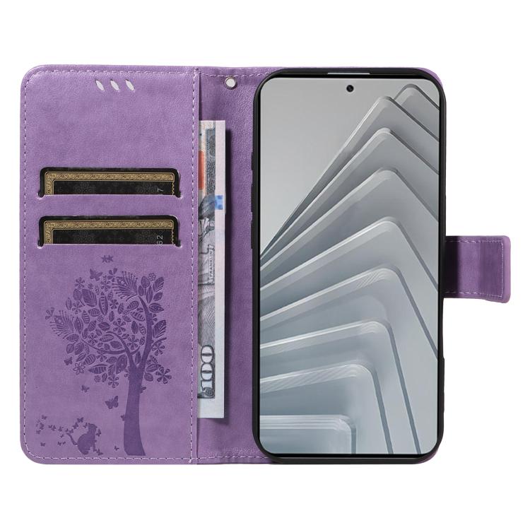 For Redmi Note 14 4G Global 163.25mm Tree & Cat Embossed Pattern Flip Leather Phone Case