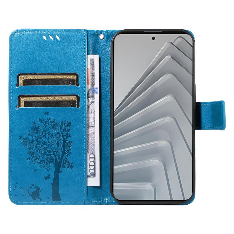 For Redmi Note 14 4G Global 163.25mm Tree & Cat Embossed Pattern Flip Leather Phone Case