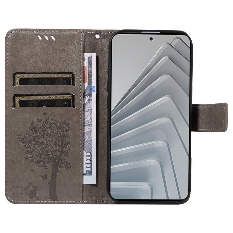 For Redmi Note 14 4G Global 163.25mm Tree & Cat Embossed Pattern Flip Leather Phone Case