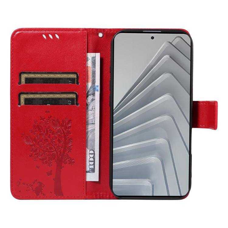 For Redmi Note 14 4G Global 163.25mm Tree & Cat Embossed Pattern Flip Leather Phone Case