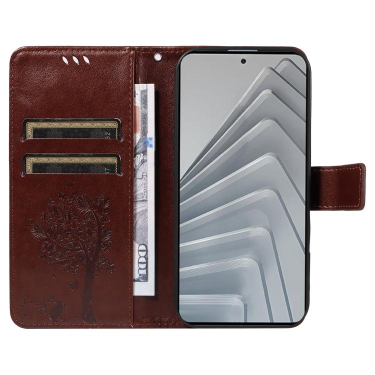 For Redmi Note 14 4G Global 163.25mm Tree & Cat Embossed Pattern Flip Leather Phone Case