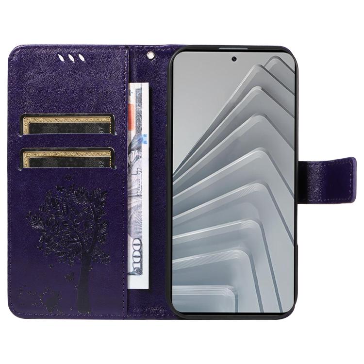 For Redmi Note 14 4G Global 163.25mm Tree & Cat Embossed Pattern Flip Leather Phone Case