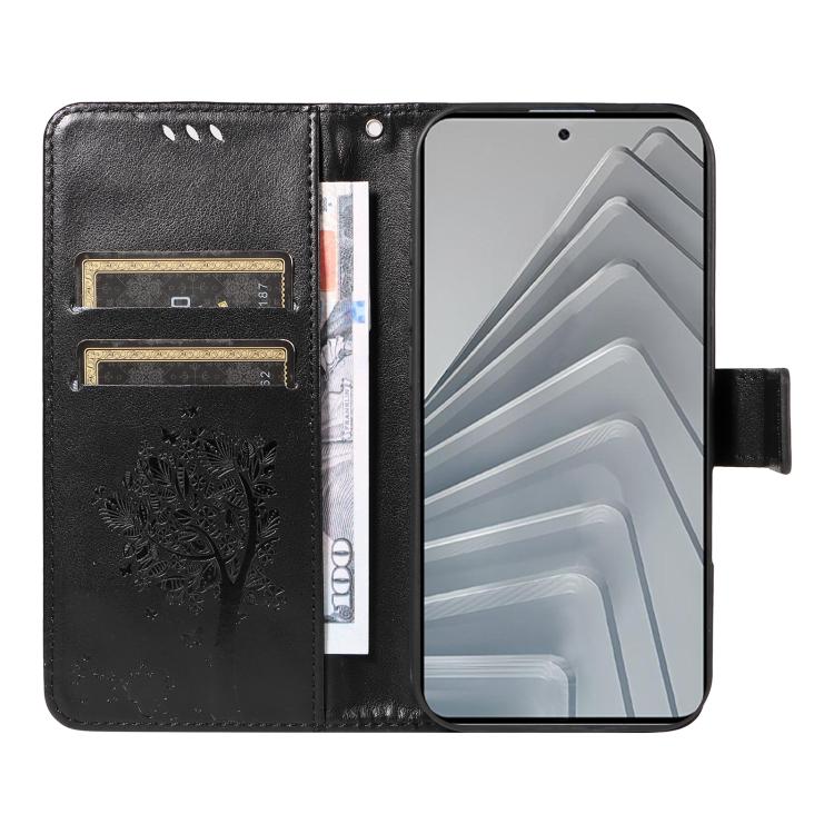 For Redmi Note 14 4G Global 163.25mm Tree & Cat Embossed Pattern Flip Leather Phone Case