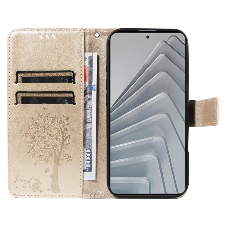 For Redmi Note 14 4G Global 163.25mm Tree & Cat Embossed Pattern Flip Leather Phone Case